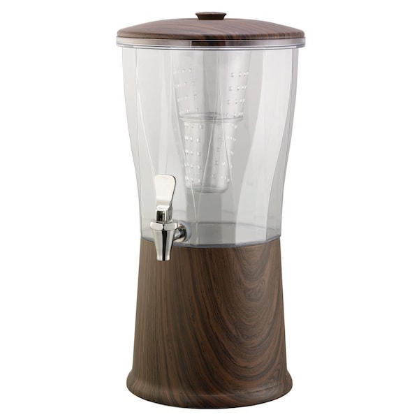 Beverage Dispenser, Round, 3 Gallon with Infuser Tube, Stainless Steel, Dark Wood